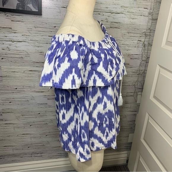 MADEWELL White Blue Southwestern Off Shoulder Top Coastal Pullover Blouse Sz M - Picture 4 of 11